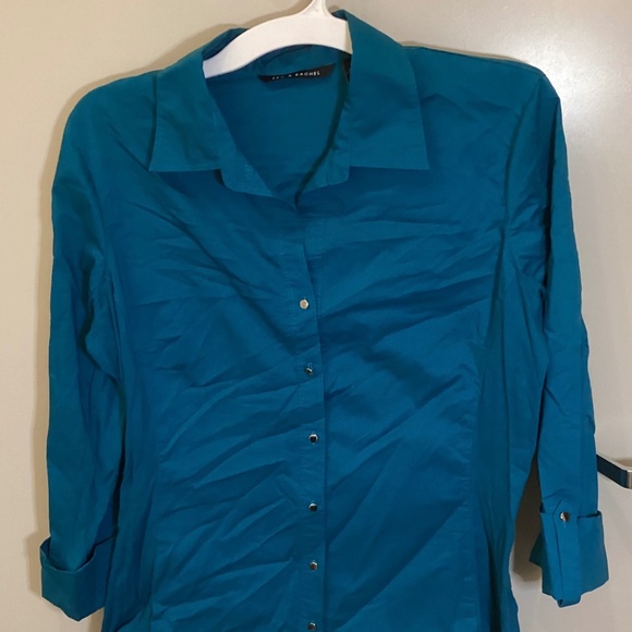 Zac & Rachel Top Womens Large Turquoise Button Front Shirt Stretch Cotton Blend - Picture 1 of 10